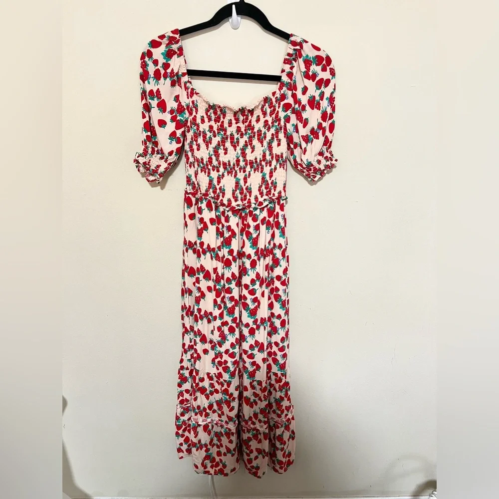 Betsey Johnson Dress XS Strawberry Fields Smocked Tiered Red Pink Cottage - Picture 12 of 12